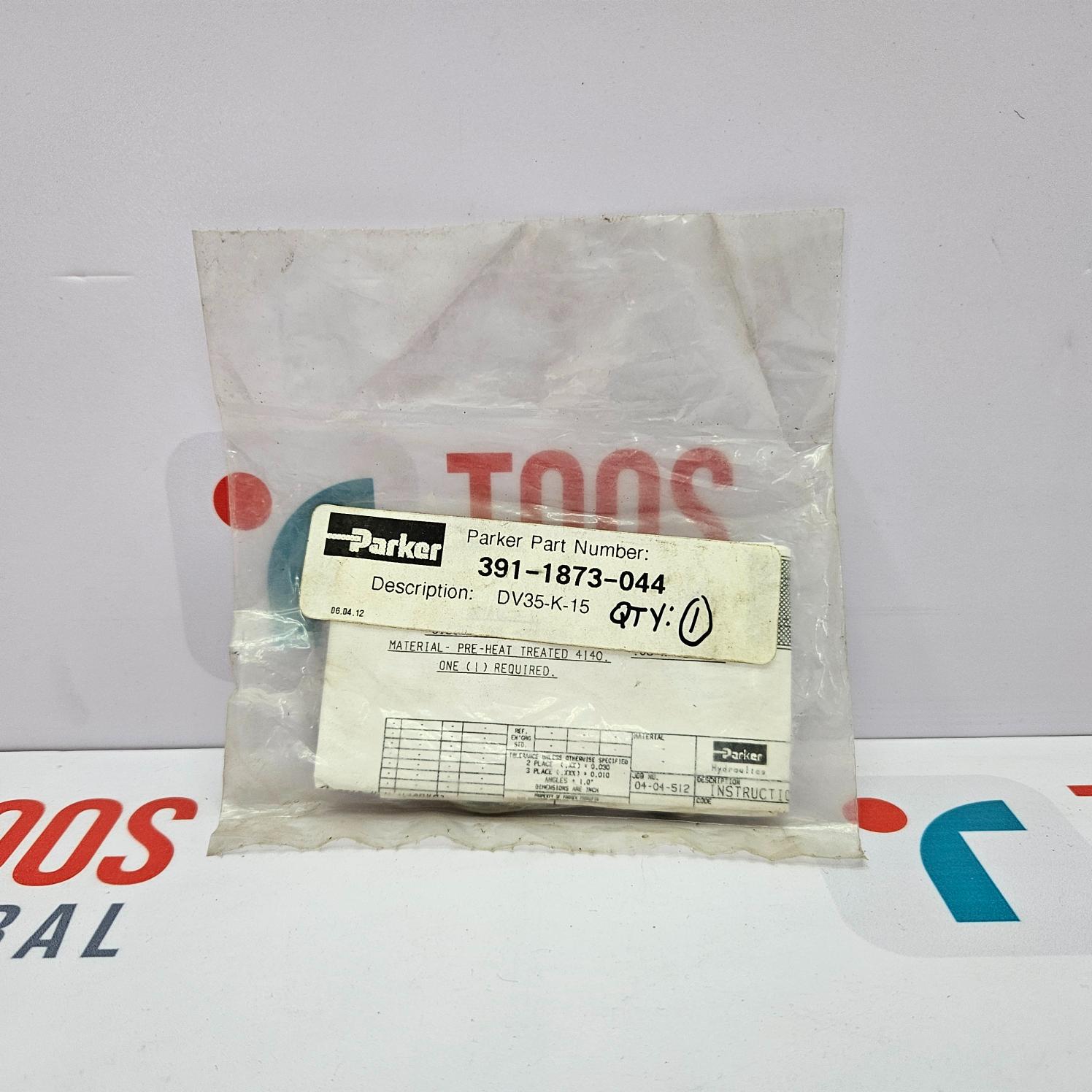 Parker part in a clear plastic bag with a label on a white background