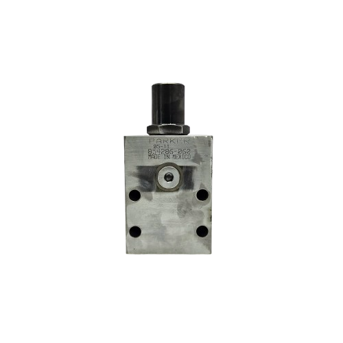 Parker 854286-060 Hydraulic Manifold Valve with black cap on a white background