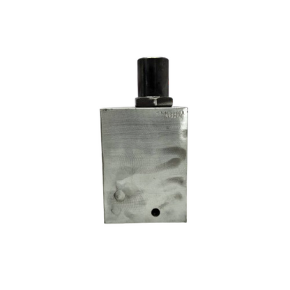 Silver rectangular perfume bottle with black cap on a white background
