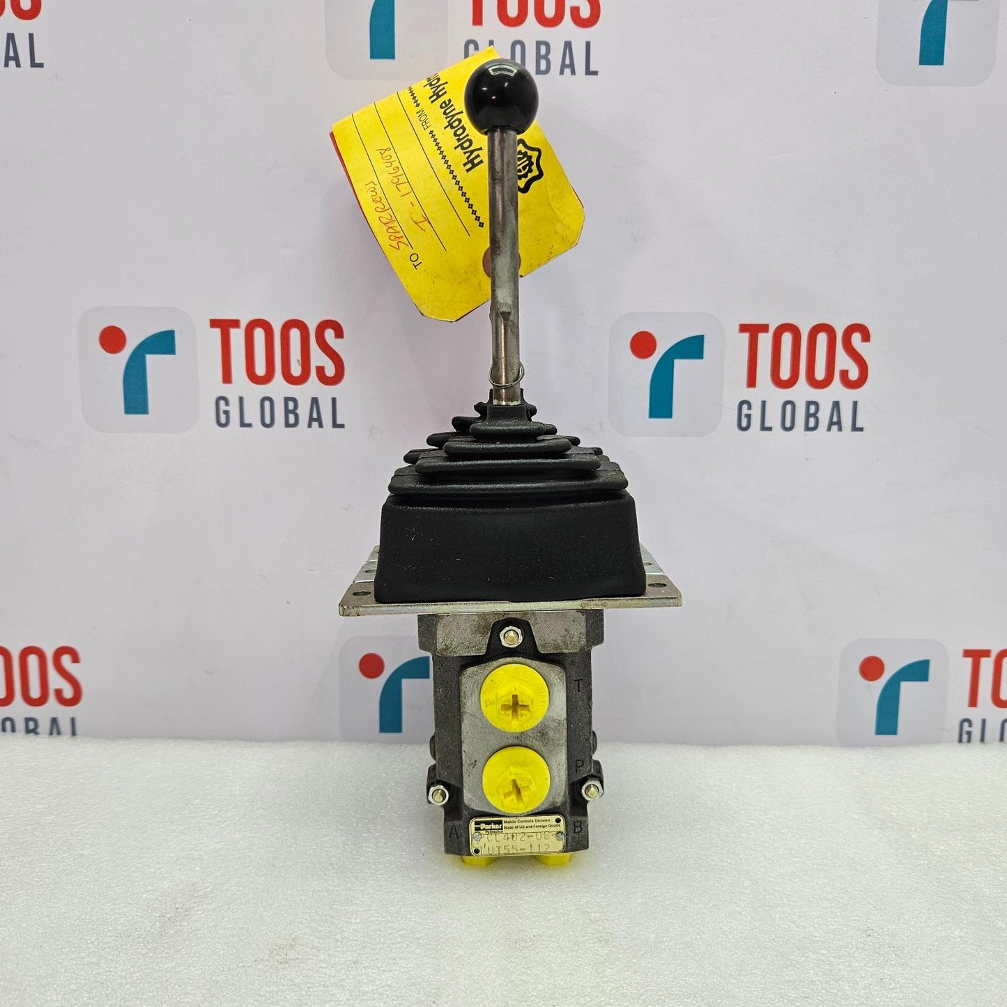 Parker PCL402-06-UT55112 Hydraulic Joystick with yellow labels on a white background featuring 'TOOS GLOBAL' branding.