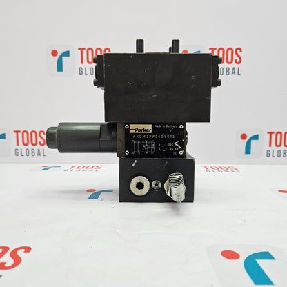 Parker PRDM2PP06SVG15 / A064R3/8-SB2 / SD500A06V8 Hydraulic Valve Black mechanical component with 'Parker' branding on a white background with 'TOOS Global' logos.