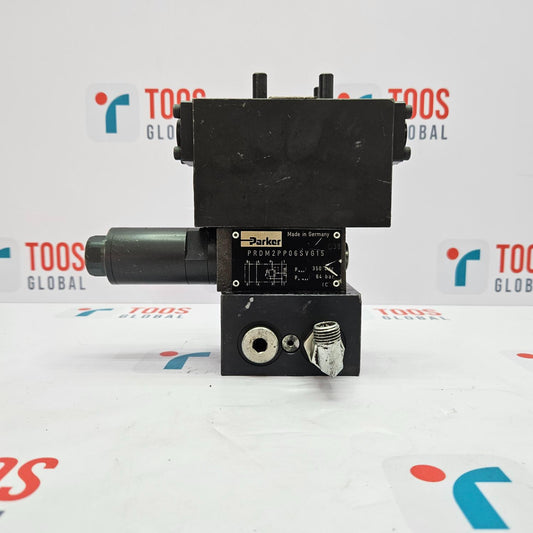 Parker PRDM2PP06SVG15 / A064R3/8-SB2 / SD500A06V8 Hydraulic Valve Black mechanical component with 'Parker' branding on a white background with 'TOOS Global' logos.