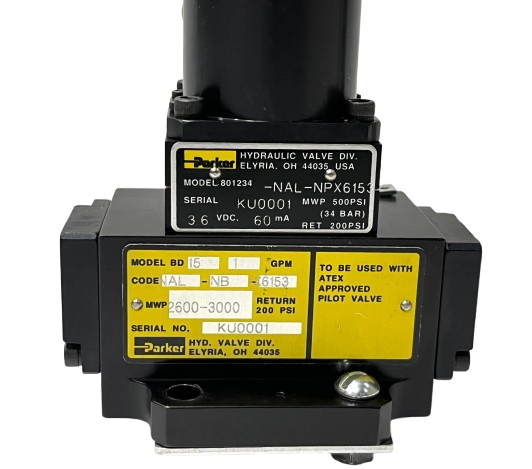 Parker hydraulic valve with labels on a white background