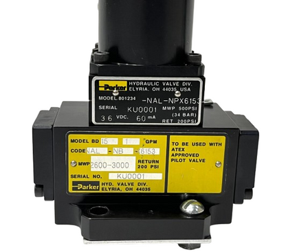 Parker hydraulic valve with labels on a white background