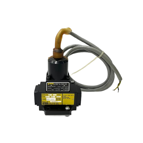 Parker BD-15 Servo Valve New with black housing, yellow labels, and gray cable on a white background