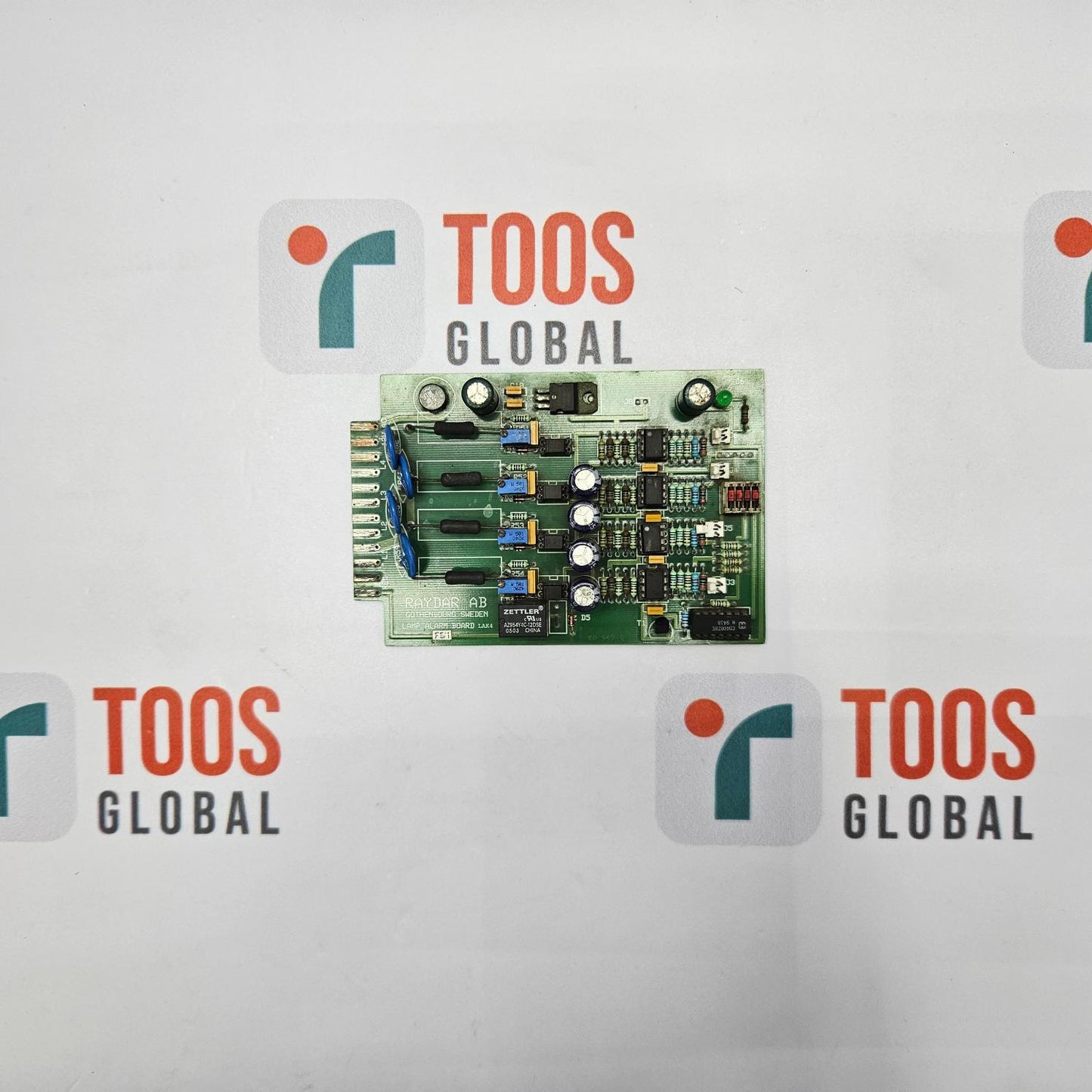 RAYDAR AB LAMP ALARM BOARD LAK4 F5/1 Electronic circuit board with 'TOOS GLOBAL' branding on a white background