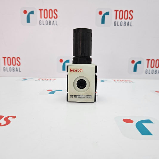REXROTH R412006121 PRESSURE REGULATOR 0.5-10BAR 7-145PSI A REXROTH pressure regulator with a black body and a silver label, displayed on a table with a branded backdrop.