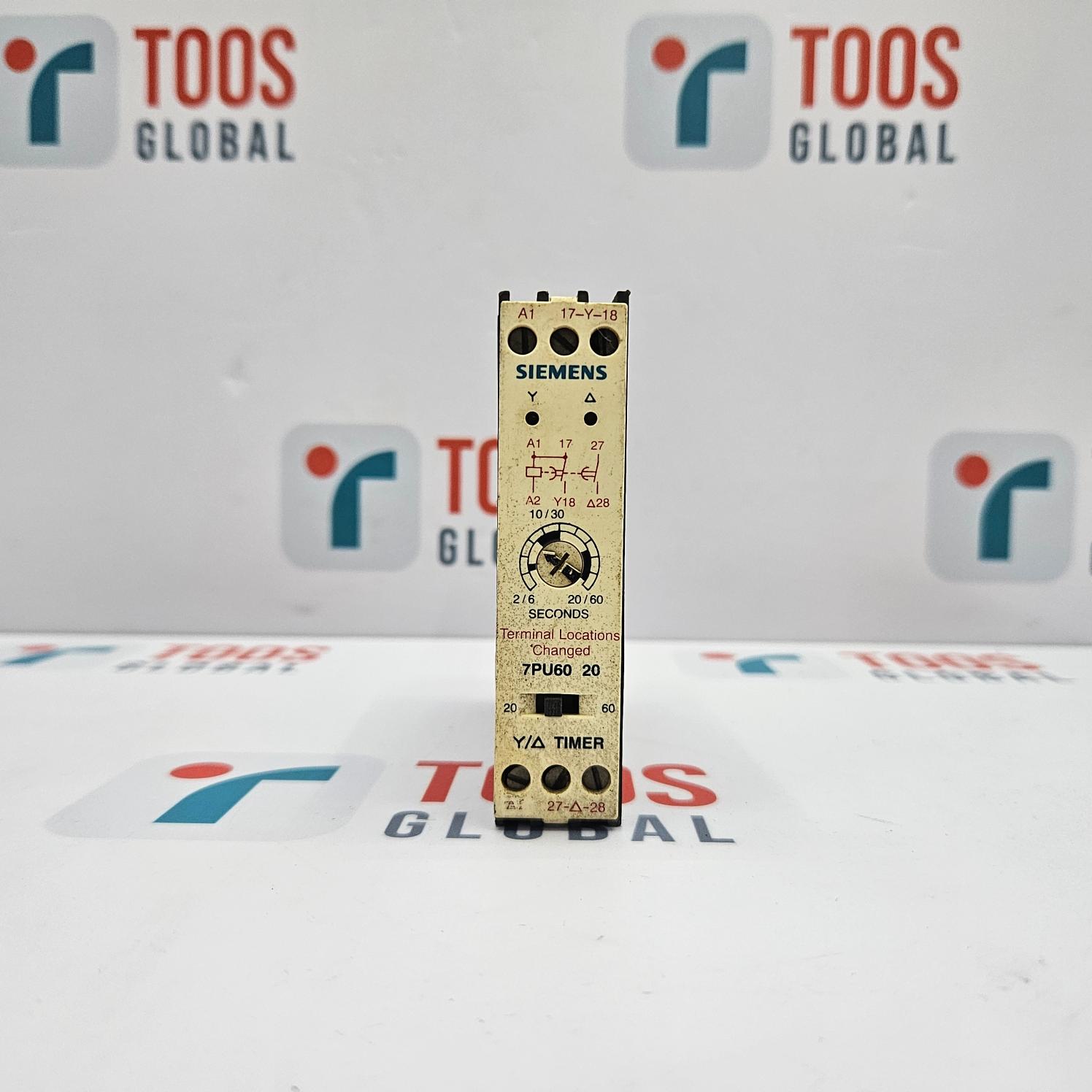 SIEMENS 7PU60 20-3NN2 TIMER 7PU60 20 A Siemens timer module with model number 7PU60 20-3NN2, predominantly yellow with black detailing and branding on a white background.
