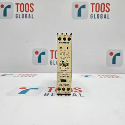 SIEMENS 7PU60 20-3NN2 TIMER 7PU60 20 A Siemens timer module with model number 7PU60 20-3NN2, predominantly yellow with black detailing and branding on a white background.