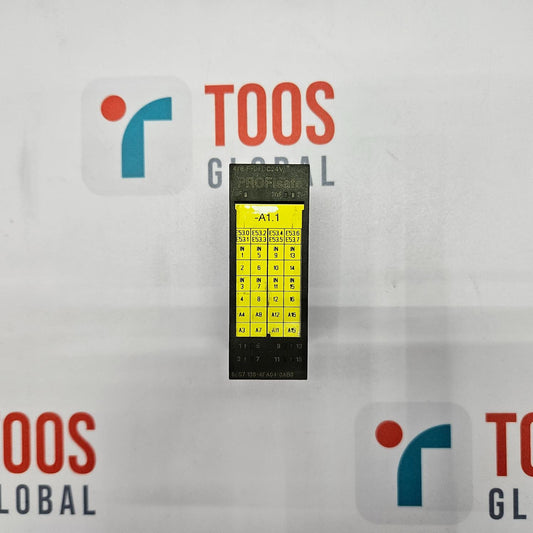 SIEMENS SIMATIC S7 6ES7 138-4FA04-0AB0 INPUT MODULE A Siemens SIMATIC S7 input module, model number 6ES7 138-4FA04-0AB0, with a black casing and a yellow label, displayed on a paper with the TOOS GLOBAL logo.