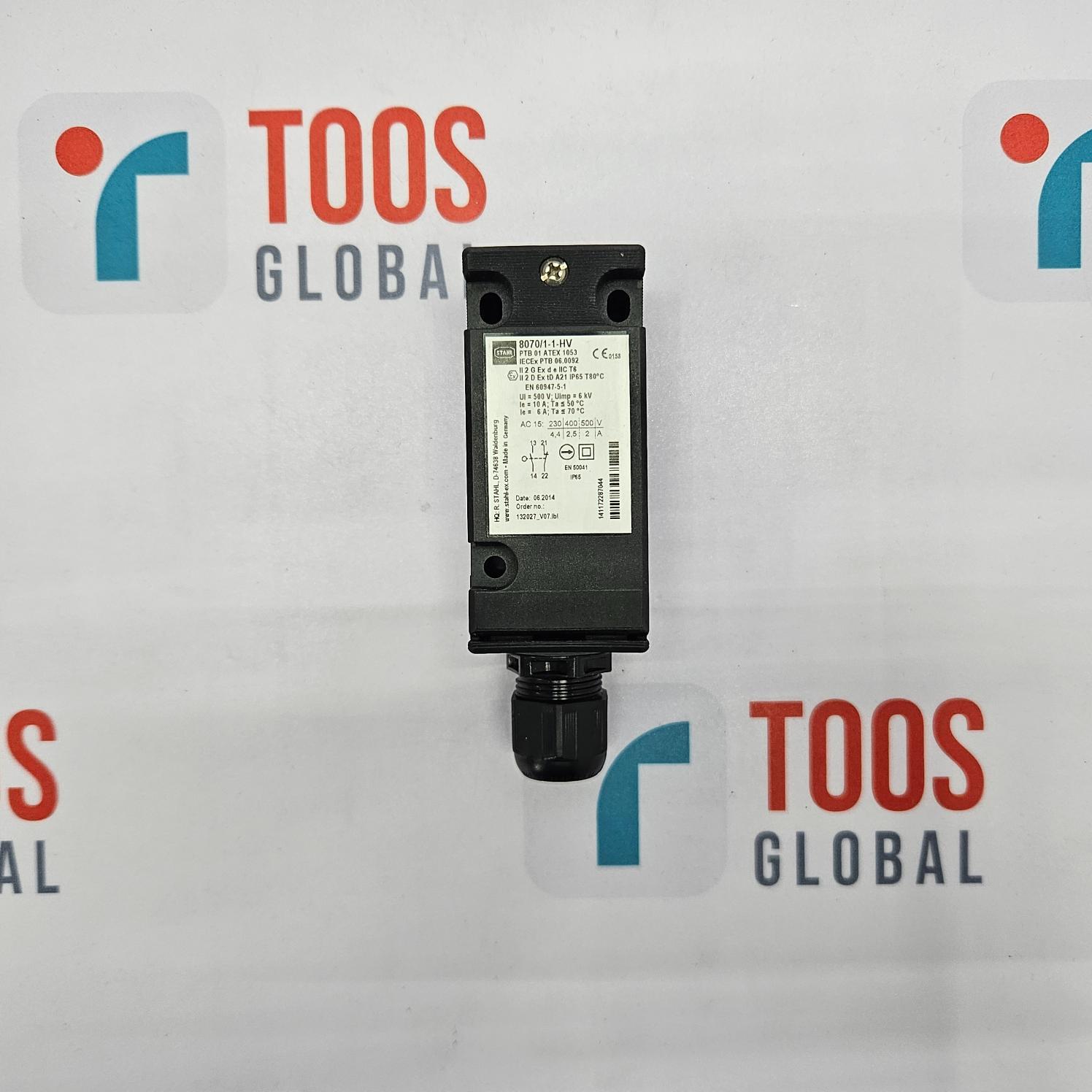 STAHL 8070/1-1-HV POSITION SWITCH NEW Black electronic component on a white background with 'TOOS GLOBAL' branding.