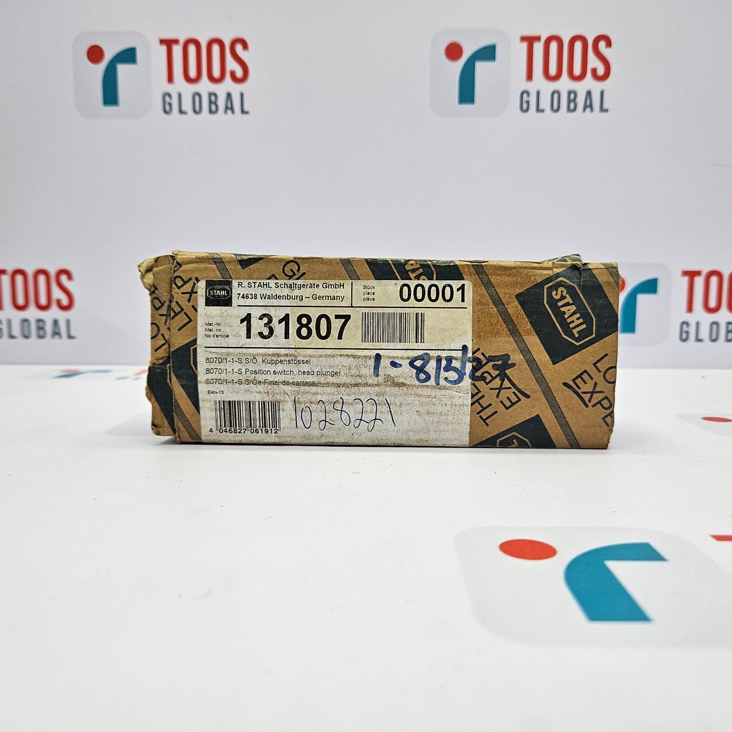 Cardboard package with shipping labels on a TOOS GLOBAL branded background