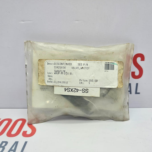 SWAGELOK SS-42GXS4 3 WAY BALL VALVE packaged in a plastic bag with a label showing the model number and other details, placed on a white surface.