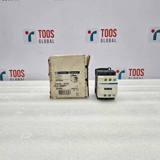 TELEMECANIQUE LC1D09P7 CONTACTOR SQUARE D 230V 50/60HZ Two electrical components on a white surface with 'TOOS GLOBAL' branding in the background.