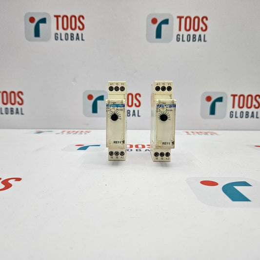 TELEMECANIQUE RE11RAMU MODULAR TIMING RELAY Two TELEMECANIQUE RE11RAMU modular timing relays displayed against a white background with 'TOOS GLOBAL' branding.