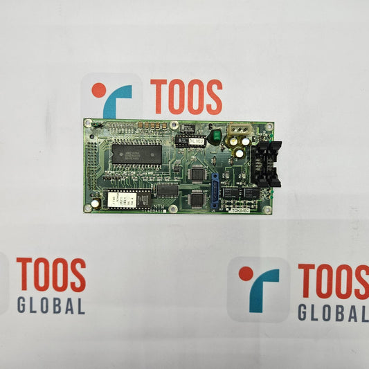 Electronic circuit board with 'TOOS' branding on a gray background
