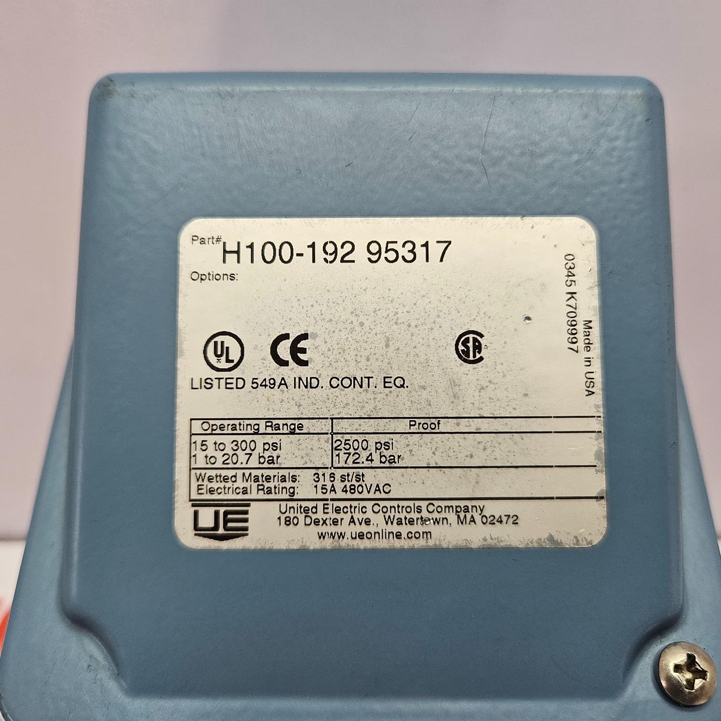 UNITED ELECTRIC H100-192 95317 DIFFERENTIAL PRESSURE SWITCH