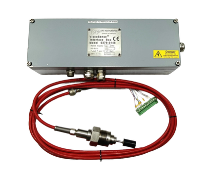 Industrial sensor with red cables on a white background