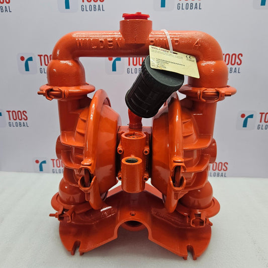 Orange industrial pump with a visible brand label on a white background with logos.