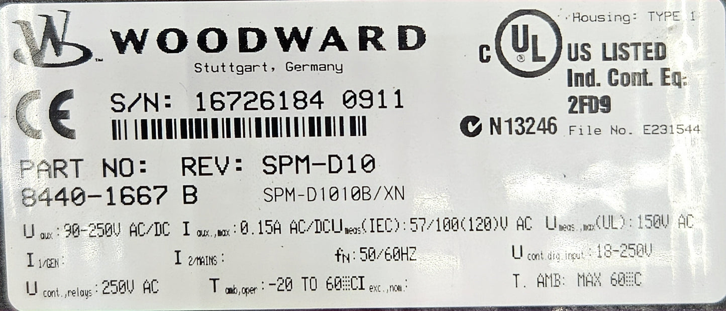 Woodward component label with technical specifications and branding