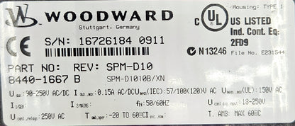 Woodward component label with technical specifications and branding
