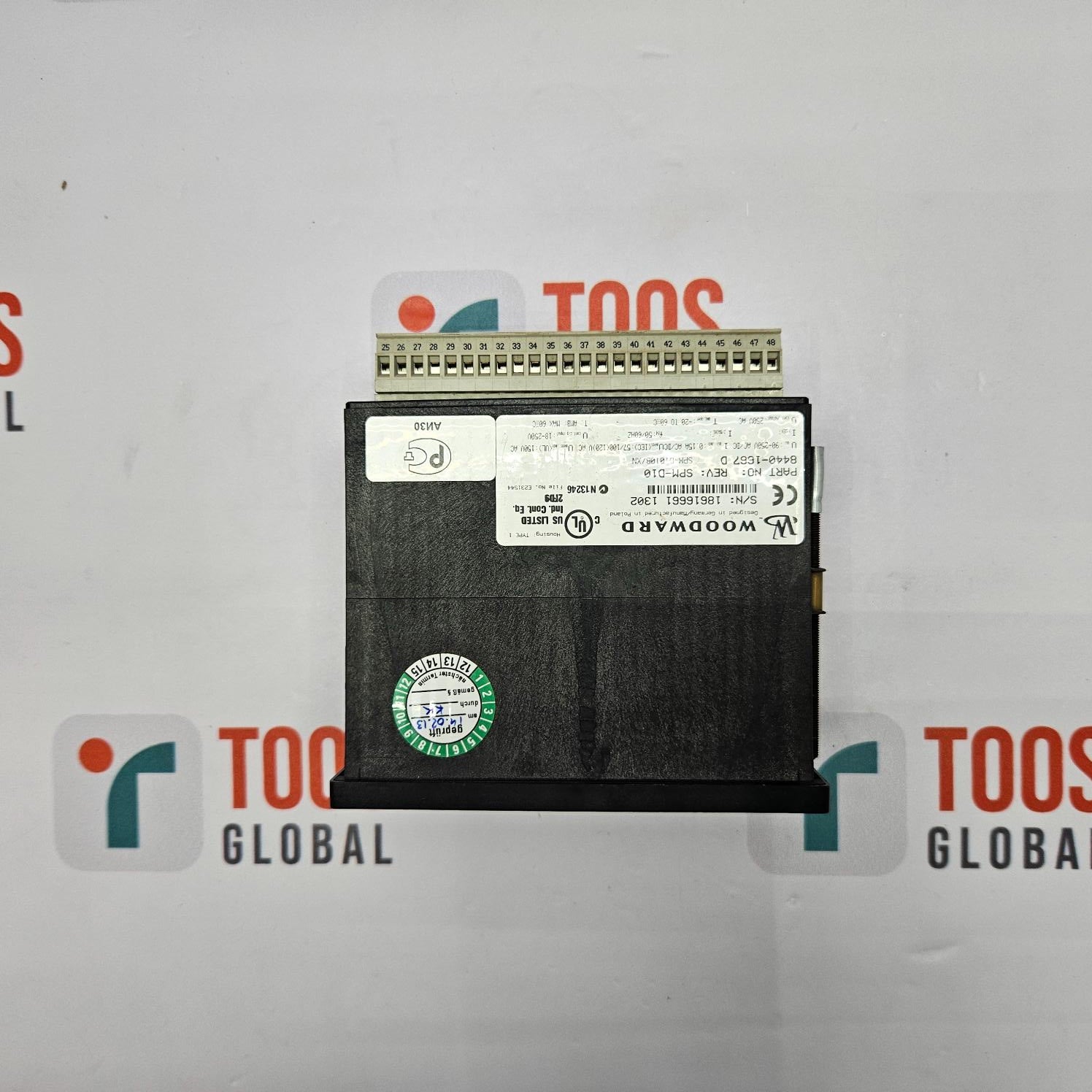 Electronic module with branding on a white background