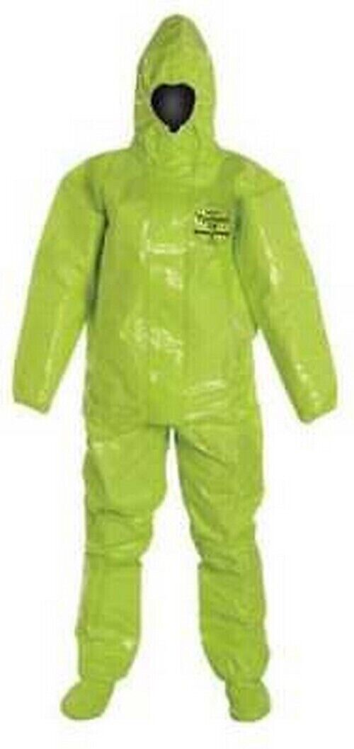 Green protective suit with a heart-shaped logo on a white background